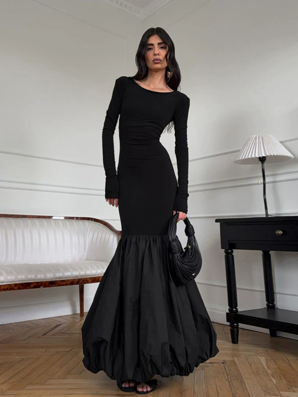 Forever 21 Black Knit Long Sleeve Panel Maxi Dress Spring